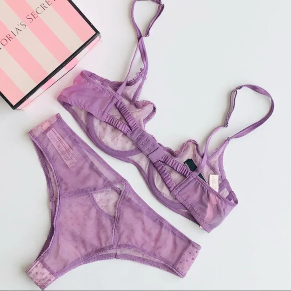 Victoria's Secret Lavender Sheer Lace Underwire Bra & Bikini Set with Sequins